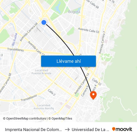 Imprenta Nacional De Colombia (Av. Esperanza - Kr 66) to Universidad De La Salle-Sede Centro map