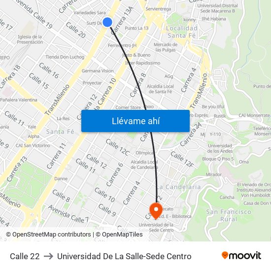 Calle 22 to Universidad De La Salle-Sede Centro map