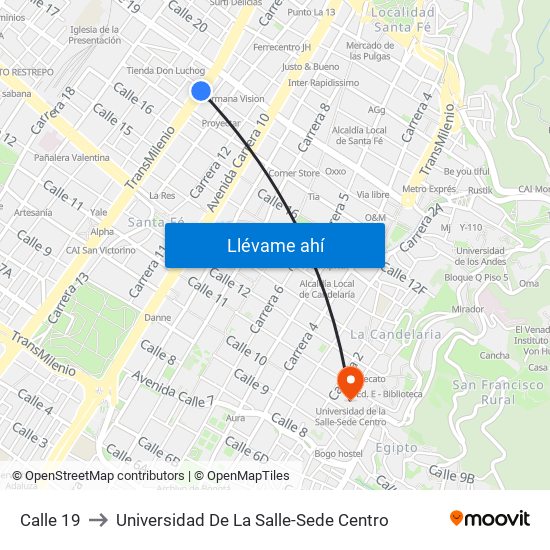 Calle 19 to Universidad De La Salle-Sede Centro map