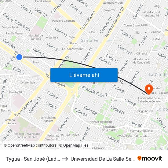 Tygua - San José (Lado Norte) to Universidad De La Salle-Sede Centro map