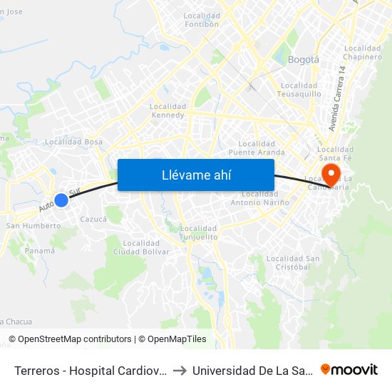 Terreros - Hospital Cardiovascular (Lado Sur) to Universidad De La Salle-Sede Centro map