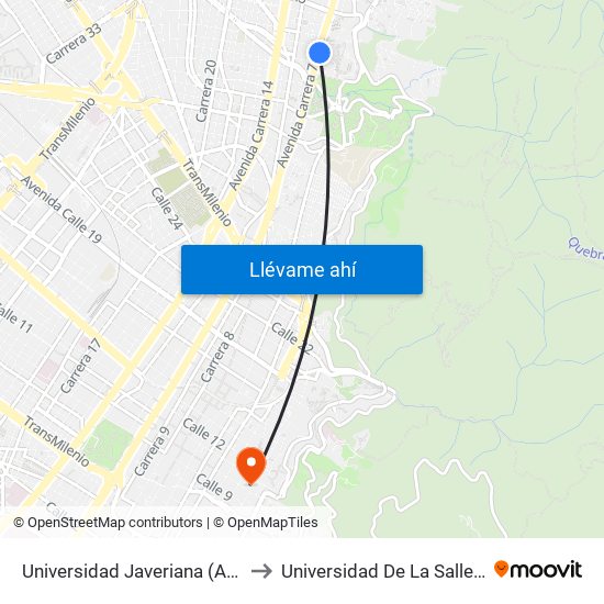 Universidad Javeriana (Ak 7 - Cl 40) (B) to Universidad De La Salle-Sede Centro map