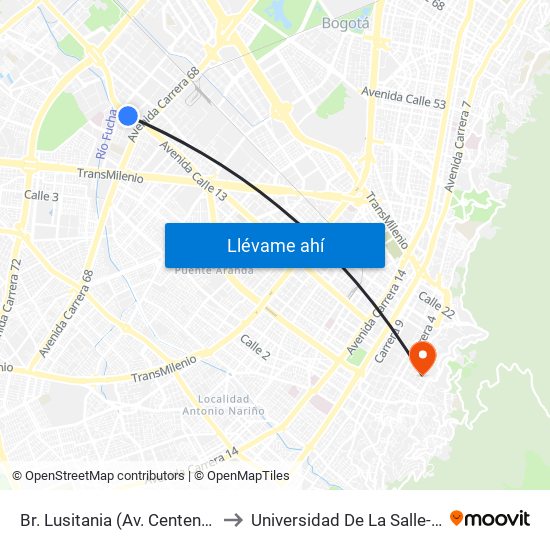 Br. Lusitania (Av. Centenario - Kr 68b) to Universidad De La Salle-Sede Centro map