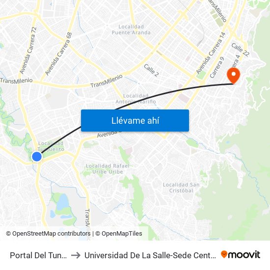 Portal Del Tunal to Universidad De La Salle-Sede Centro map