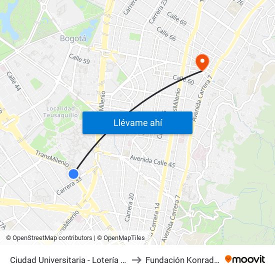 Ciudad Universitaria - Lotería De Bogotá to Fundación Konrad Lorenz map
