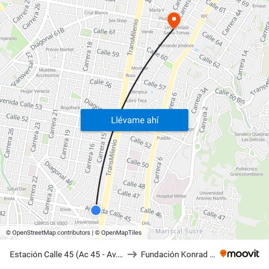 Estación Calle 45 (Ac 45 - Av. Caracas) to Fundación Konrad Lorenz map