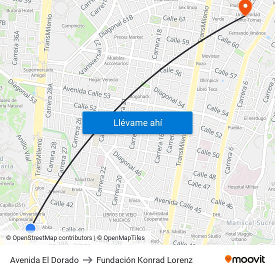 Avenida El Dorado to Fundación Konrad Lorenz map