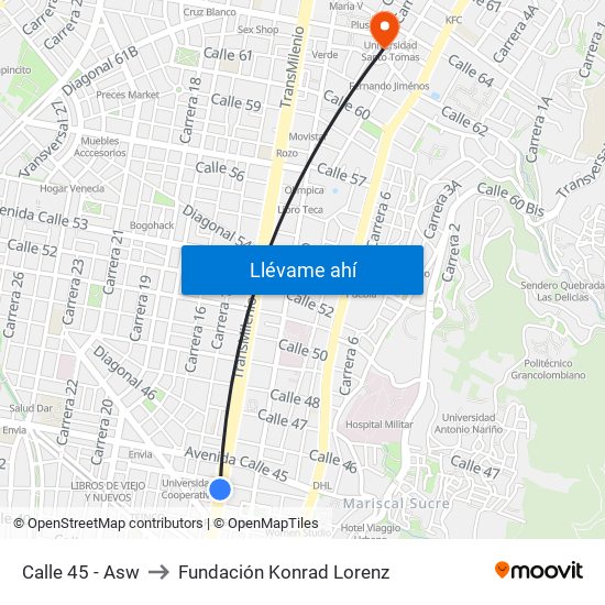 Calle 45 - Asw to Fundación Konrad Lorenz map