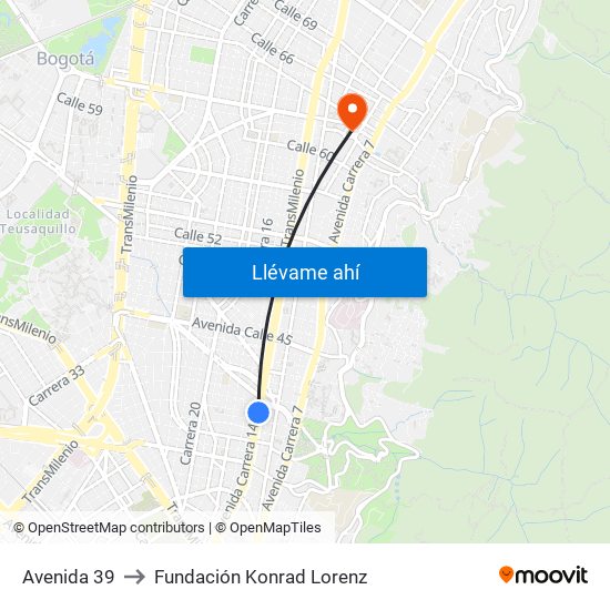 Avenida 39 to Fundación Konrad Lorenz map