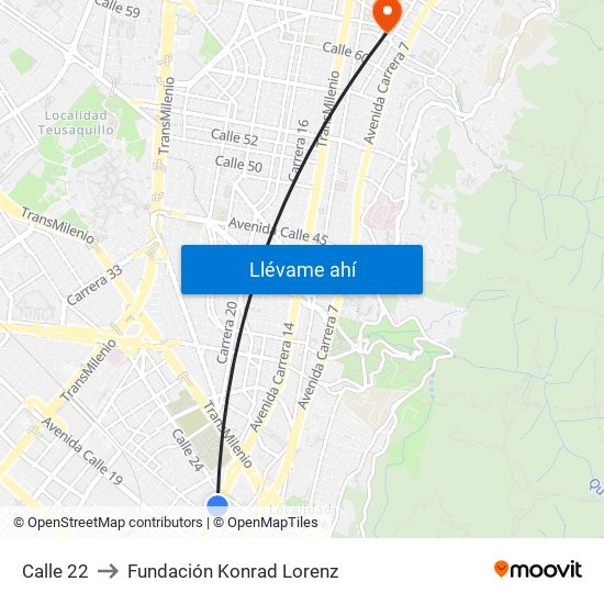 Calle 22 to Fundación Konrad Lorenz map