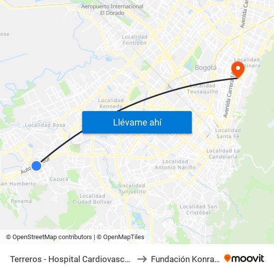 Terreros - Hospital Cardiovascular (Lado Sur) to Fundación Konrad Lorenz map