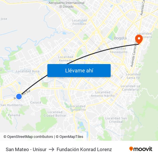 San Mateo - Unisur to Fundación Konrad Lorenz map