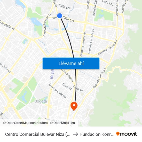 Centro Comercial Bulevar Niza (Ac 127 - Av. Suba) to Fundación Konrad Lorenz map