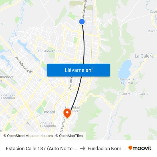 Estación Calle 187 (Auto Norte - Cl 187 Bis) (A) to Fundación Konrad Lorenz map