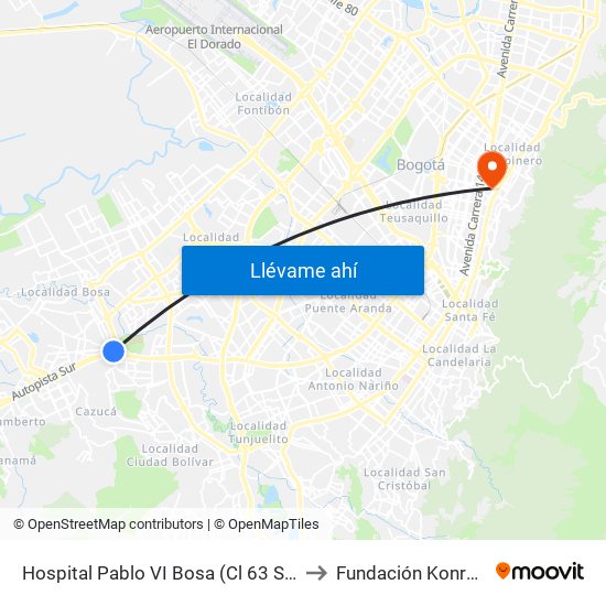 Hospital Pablo VI Bosa (Cl 63 Sur - Kr 77g) (A) to Fundación Konrad Lorenz map