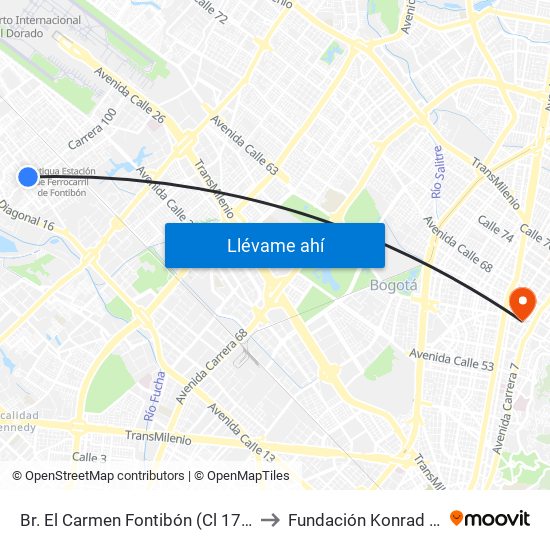 Br. El Carmen Fontibón (Cl 17 - Kr 100) to Fundación Konrad Lorenz map