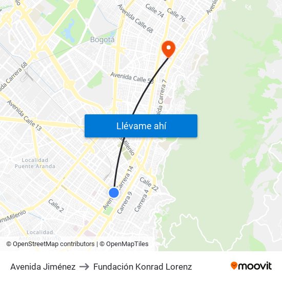 Avenida Jiménez to Fundación Konrad Lorenz map