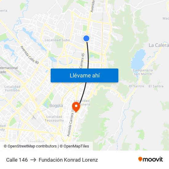 Calle 146 to Fundación Konrad Lorenz map