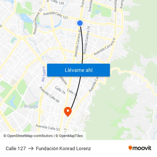 Calle 127 to Fundación Konrad Lorenz map