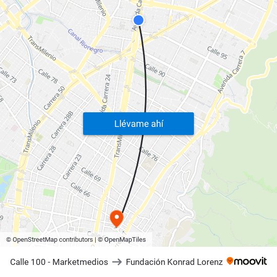 Calle 100 - Marketmedios to Fundación Konrad Lorenz map