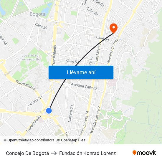 Concejo De Bogotá to Fundación Konrad Lorenz map