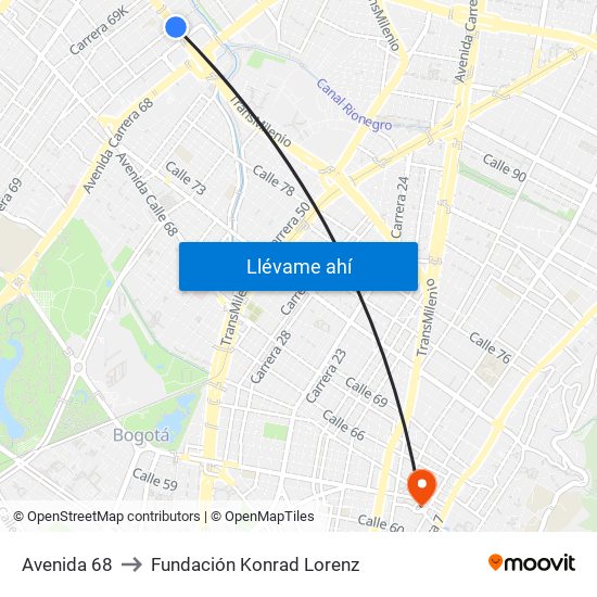 Avenida 68 to Fundación Konrad Lorenz map