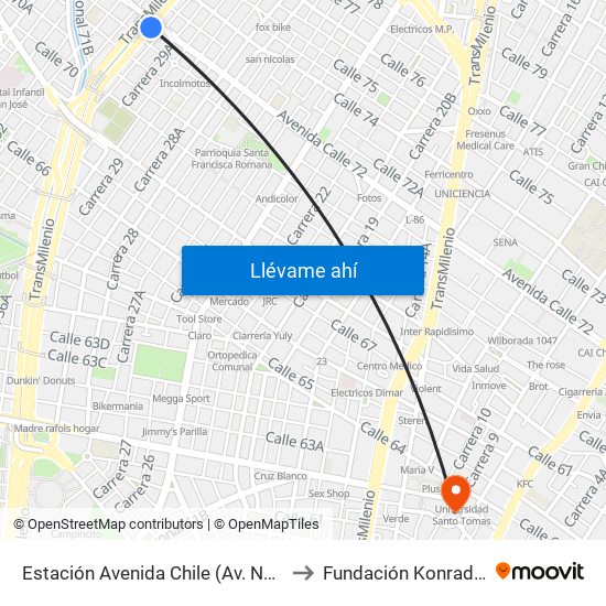 Estación Avenida Chile (Av. NQS - Cl 71c) to Fundación Konrad Lorenz map