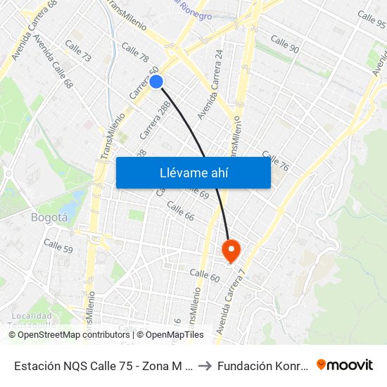 Estación NQS Calle 75 - Zona M (Av. NQS - Cl 75) to Fundación Konrad Lorenz map