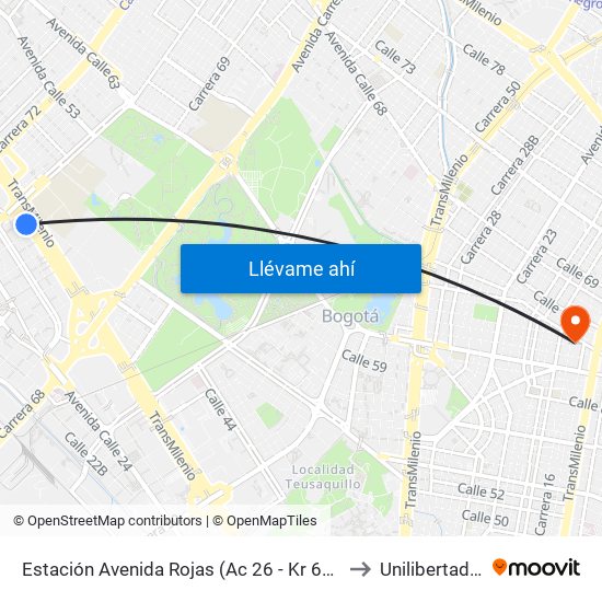 Estación Avenida Rojas (Ac 26 - Kr 69d Bis) (B) to Unilibertadores map