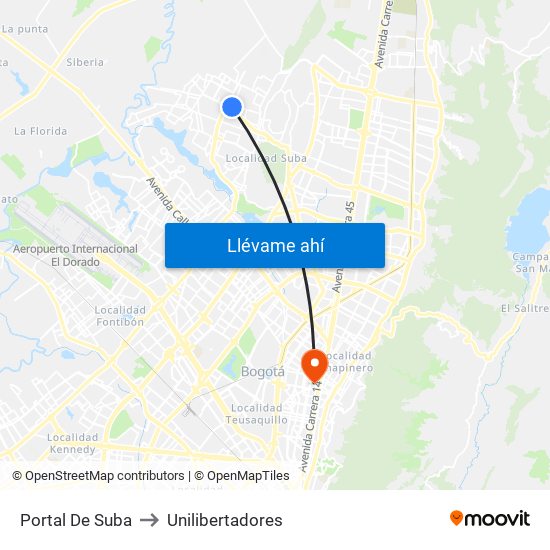 Portal De Suba to Unilibertadores map