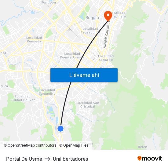 Portal De Usme to Unilibertadores map