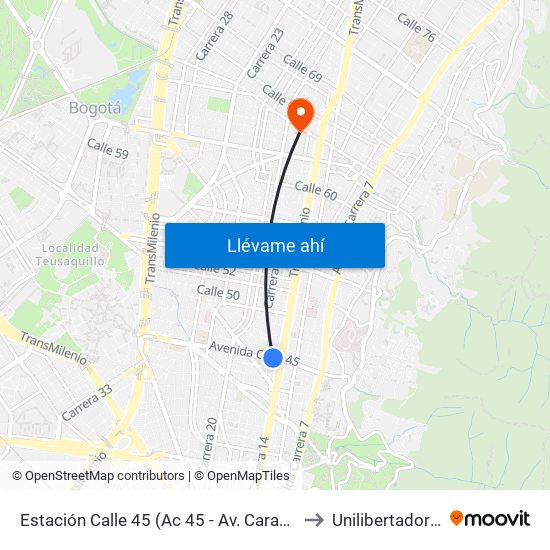 Estación Calle 45 (Ac 45 - Av. Caracas) to Unilibertadores map