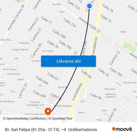 Br. San Felipe (Kr 20a - Cl 74) to Unilibertadores map