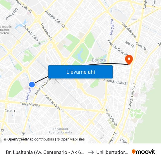 Br. Lusitania (Av. Centenario - Ak 68d) to Unilibertadores map