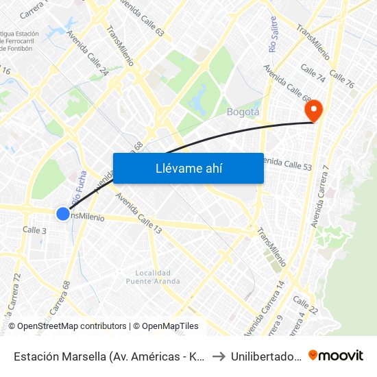 Estación Marsella (Av. Américas - Kr 69b) to Unilibertadores map