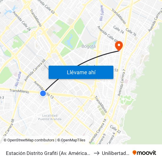 Estación Distrito Grafiti (Av. Américas - Kr 53a) to Unilibertadores map