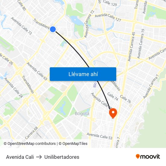 Avenida Cali to Unilibertadores map