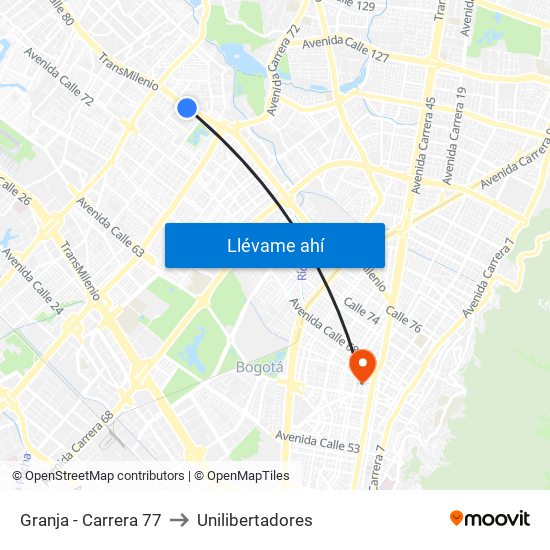 Granja - Carrera 77 to Unilibertadores map