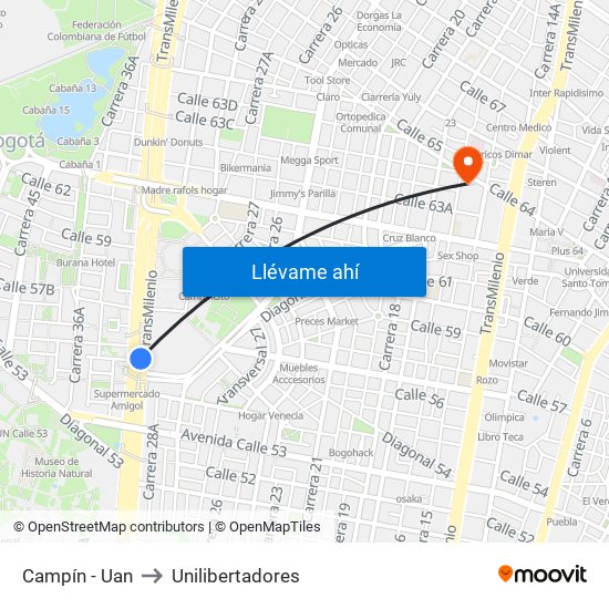 Campín - Uan to Unilibertadores map