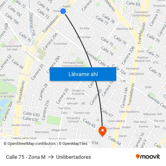 Calle 75 - Zona M to Unilibertadores map