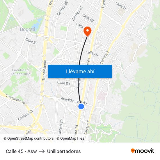 Calle 45 - Asw to Unilibertadores map