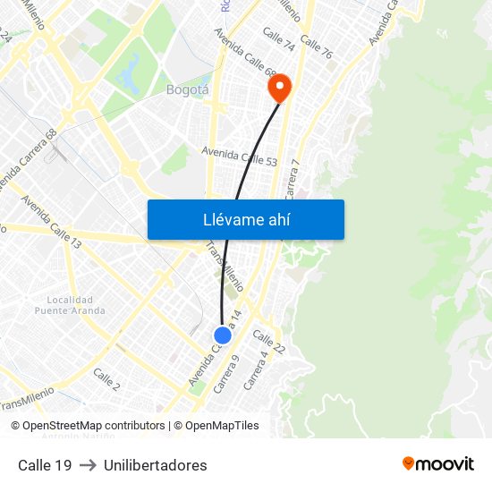 Calle 19 to Unilibertadores map