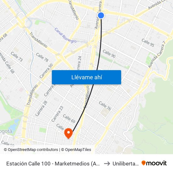 Estación Calle 100 - Marketmedios (Auto Norte - Cl 98) to Unilibertadores map