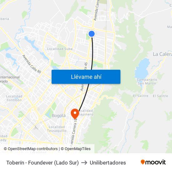 Toberín - Foundever (Lado Sur) to Unilibertadores map