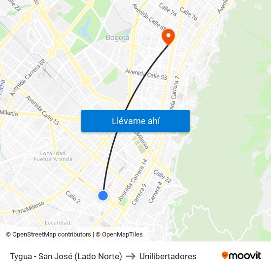 Tygua - San José (Lado Norte) to Unilibertadores map