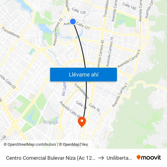 Centro Comercial Bulevar Niza (Ac 127 - Av. Suba) to Unilibertadores map