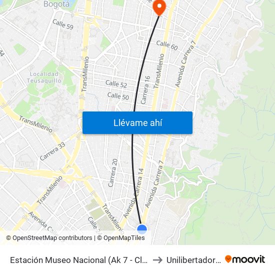 Estación Museo Nacional (Ak 7 - Cl 29) to Unilibertadores map