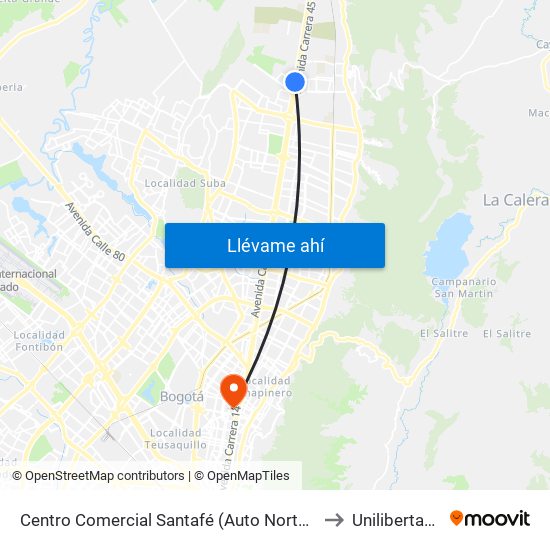 Centro Comercial Santafé (Auto Norte - Cl 187) (B) to Unilibertadores map