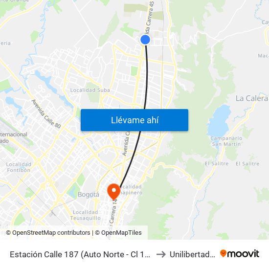Estación Calle 187 (Auto Norte - Cl 187 Bis) (A) to Unilibertadores map