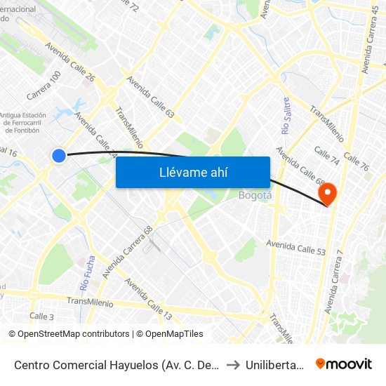 Centro Comercial Hayuelos (Av. C. De Cali - Cl 20) to Unilibertadores map